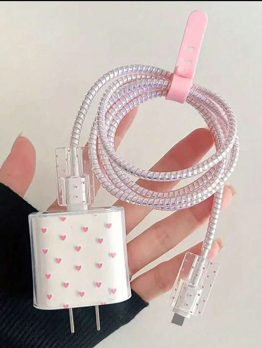 paquete de 5 fundas protectoras de cable de carga de TPU rosa con diseños lindos de corazón/pajarita/floral, compatibles con cargadores Apple 18W/20W, gran regalo para amigos