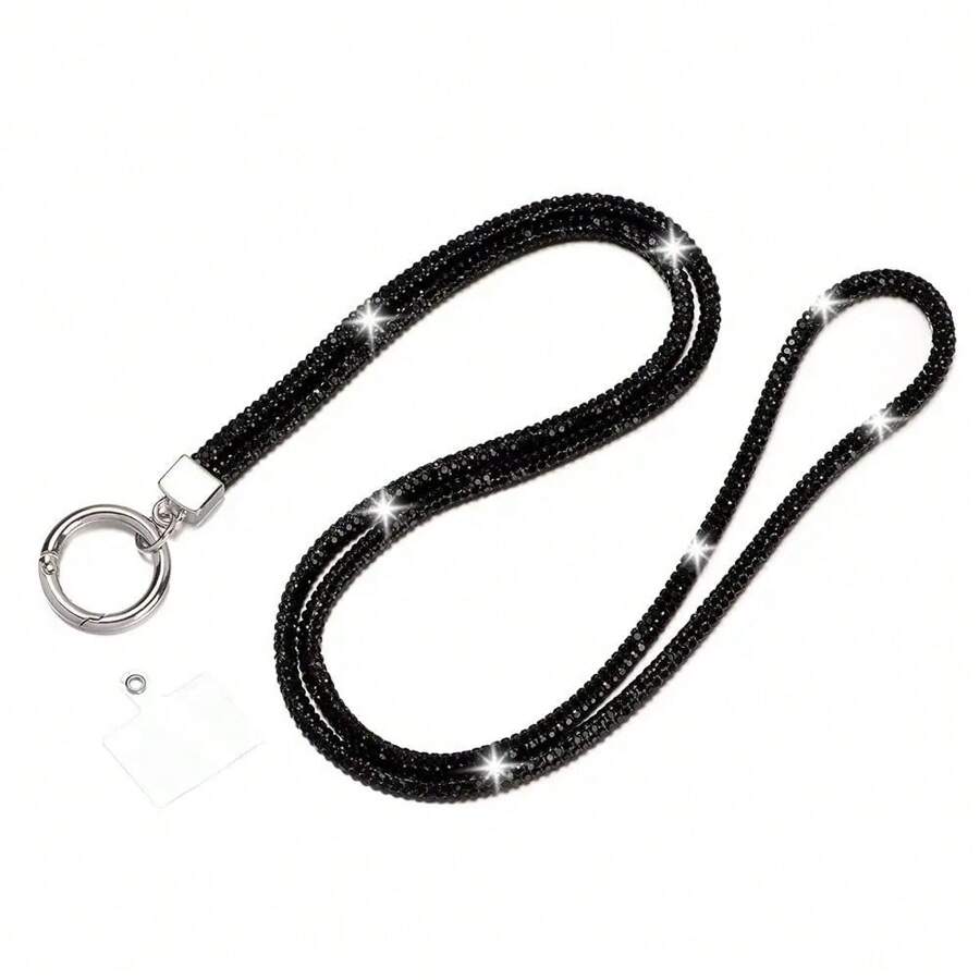 Cell Phone Lanyard Smartphone Neck Strap High Shine Rhinestone Black