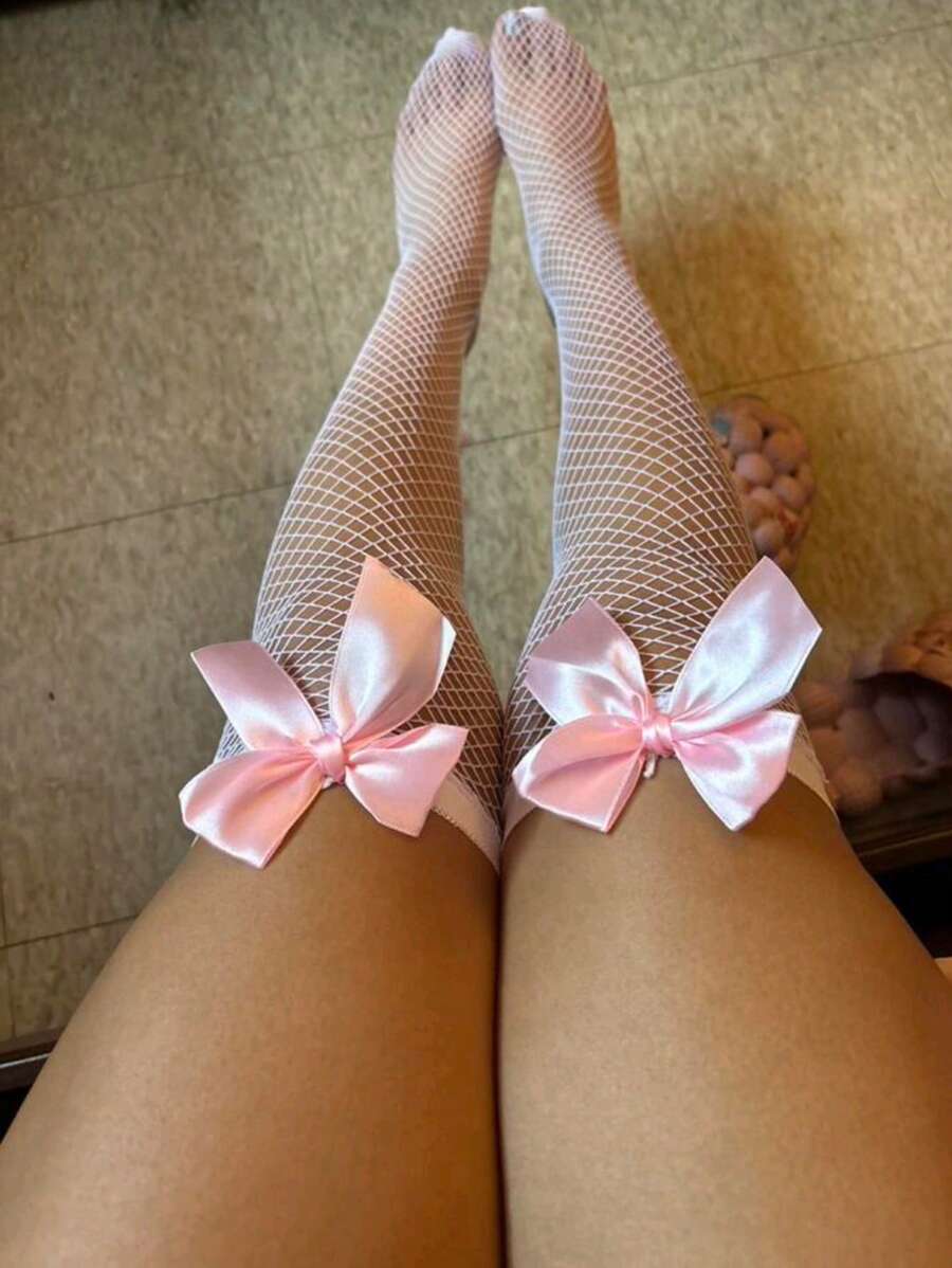 1 Pair Women Sexy Lingerie Bow Decor Long Socks Cute Pink Over The Knee Socks Cosplay Uniforms Lolita Thigh High Stockings