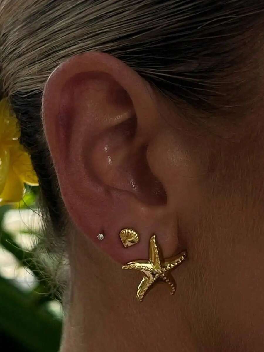 Ensemble exquis de 3 paires de boucles d'oreilles à tige coquille et étoile de mer. Boucles d'oreilles empilables, accessoires de femme, cadeau de fête
