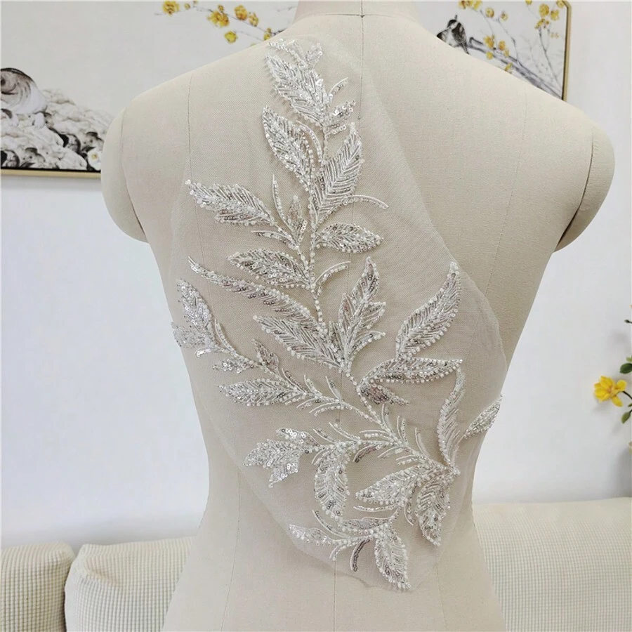 1pc Embroidery, Rhinestone, Sequin Leaf & Flower Applique, DIY Sewing Craft Supplies For Wedding Dress Decoration