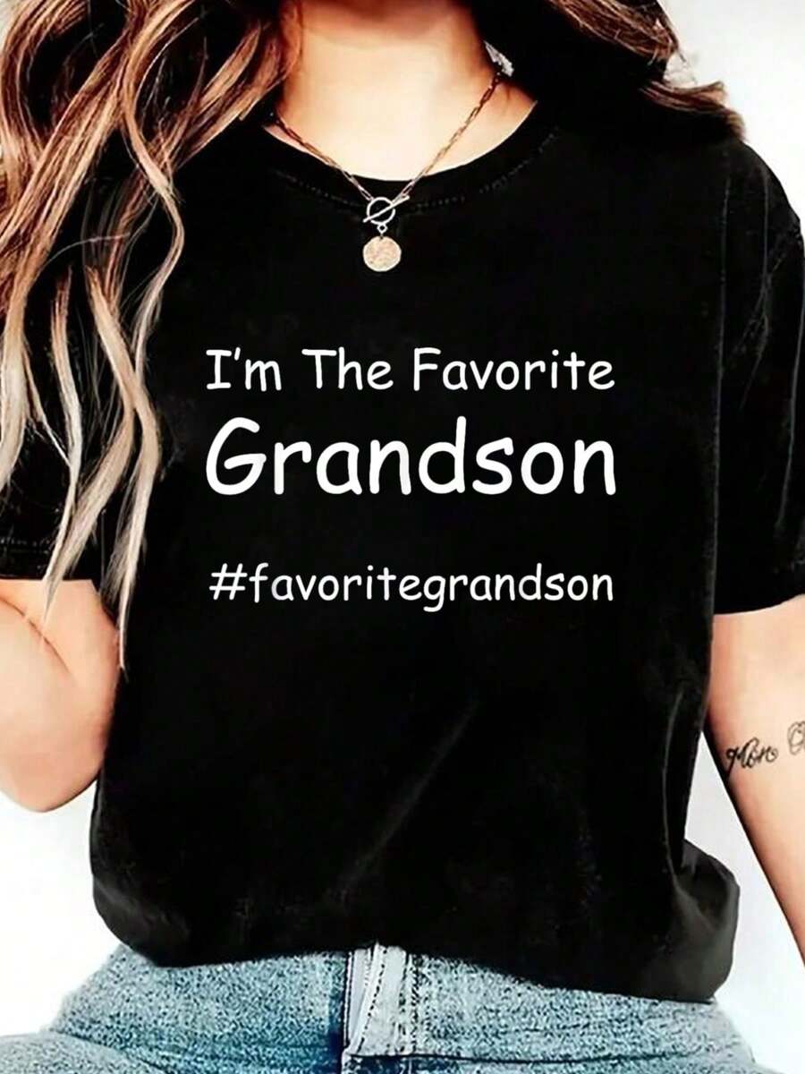 100% Cotton I'm The Favorite Grandson Funny Grandson Grand Boys T-Shirt Cotton Graphic Tee For Women, Round Neck Short Sleeve Casual Tops