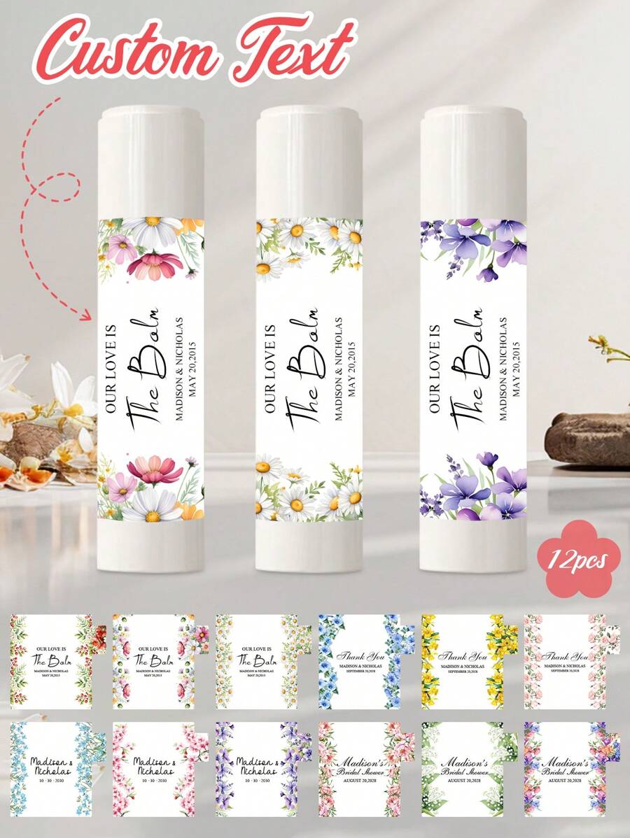 12-192Pcs Custom Text Wedding Stickers, Personalized Wedding Labels, Customized Party Favour Labels, Customizable Wedding Party Self-Adhesive Stickers, Party Bag Labels, 5.4x5.4cm, 12 Styles, Suitable For Her, Bestie, Couple, Girlfriend,Graphic Print