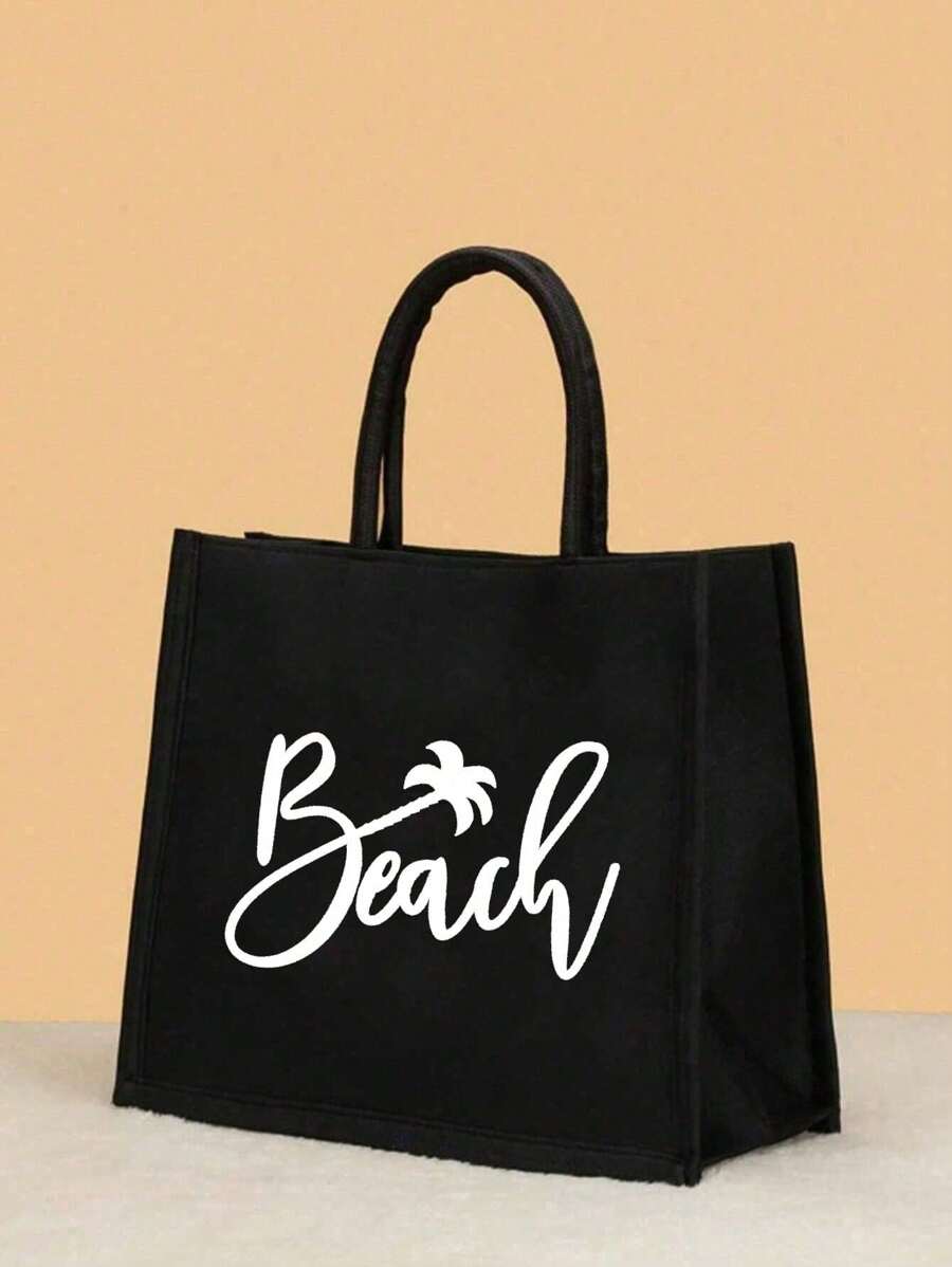 1 bolsa de lona tipo tote con impresión de letra, bolsa de regalo personalizada para la playa, de gran capacidad, impermeable y portátil, bolsa de playa con letra para vacaciones, paquete de trabajo, bolsa de lona con cremallera para compras, estilo tanto para mujeres como para hombres, ideal para escuela, universidad, trabajo, negocios, traslados, exteriores, viajes, salidas, vacaciones, bolsa de almuerzo para el Día del Maestro (negra), bolsas de viaje de gran tamaño, bolsa de verano