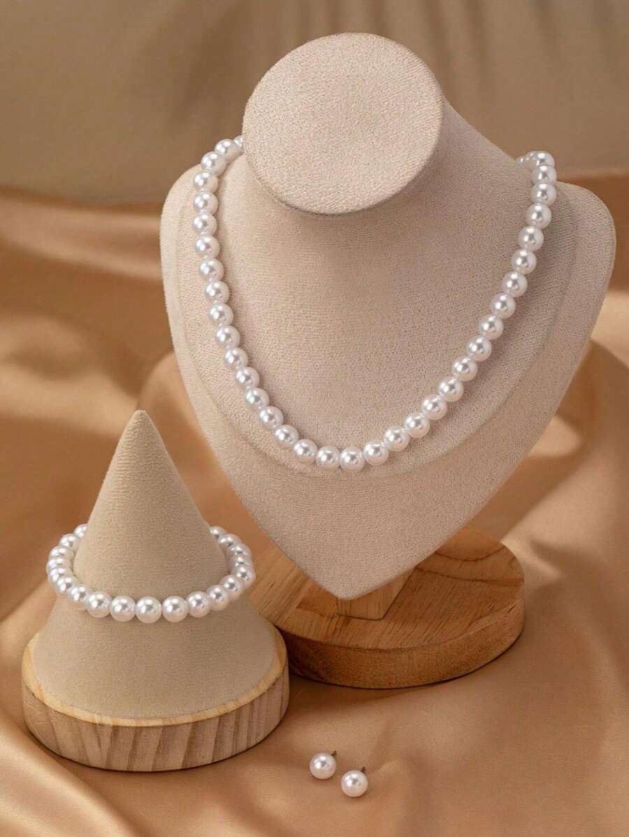 4 pièces Ensemble de bijoux mode et élégant composé de boucles d'oreilles à perles de nacre, d'un collier et d'un bracelet