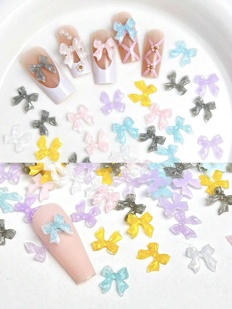 35 piezas/bolsa de cintas transparentes de aspecto de lazo 3D para decoración de uñas, materiales de diseño de accesorios de uñas - rosa, azul, blanco, gris, púrpura, transparente, elegante minimalista, adecuado para diseño de arte de uñas, joyería, manualidades, decoración de gorros de graduación, decoración de estuches de teléfonos DIY, accesorios para manicura de San Valentín, decoración navideña