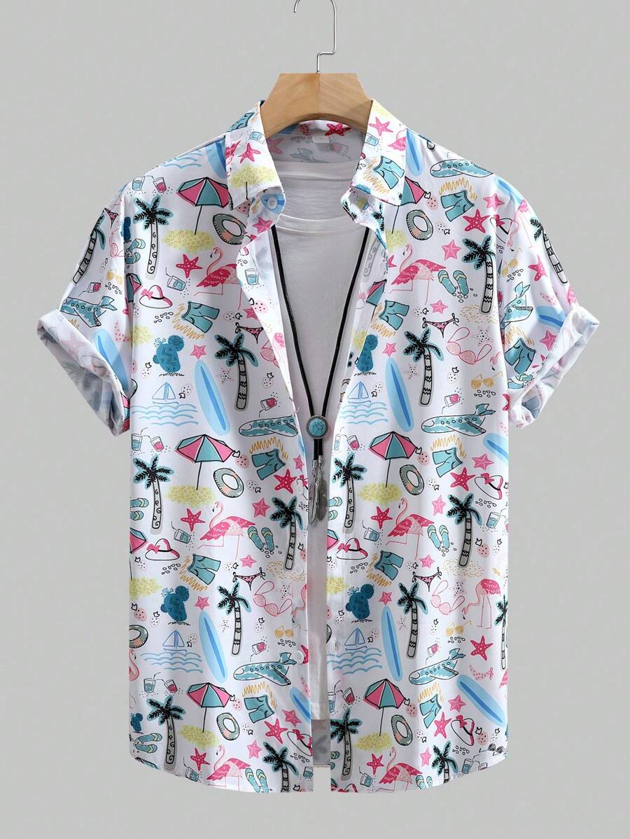 Men's Tropical Plant Printed Turn-Down Collar Front Button Casual Short Sleeve Shirt, Summer