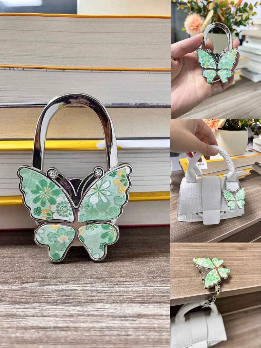 1 pieza Ganchos plegables y colgantes en forma de mariposa brillante, gancho perchero para colgar bolsos en mesas, escritorios, hogar y oficina