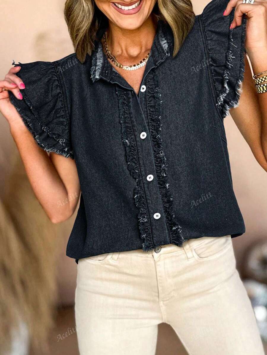 Acelitt Fashionable Casual Sleeveless Ruffle Fringe Denim Crop Top