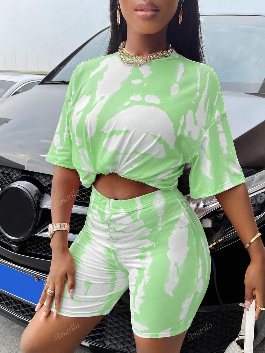 Women Casual Tie-Dye Round Neck Dropped Shoulder Short Sleeve Top And Shorts Set