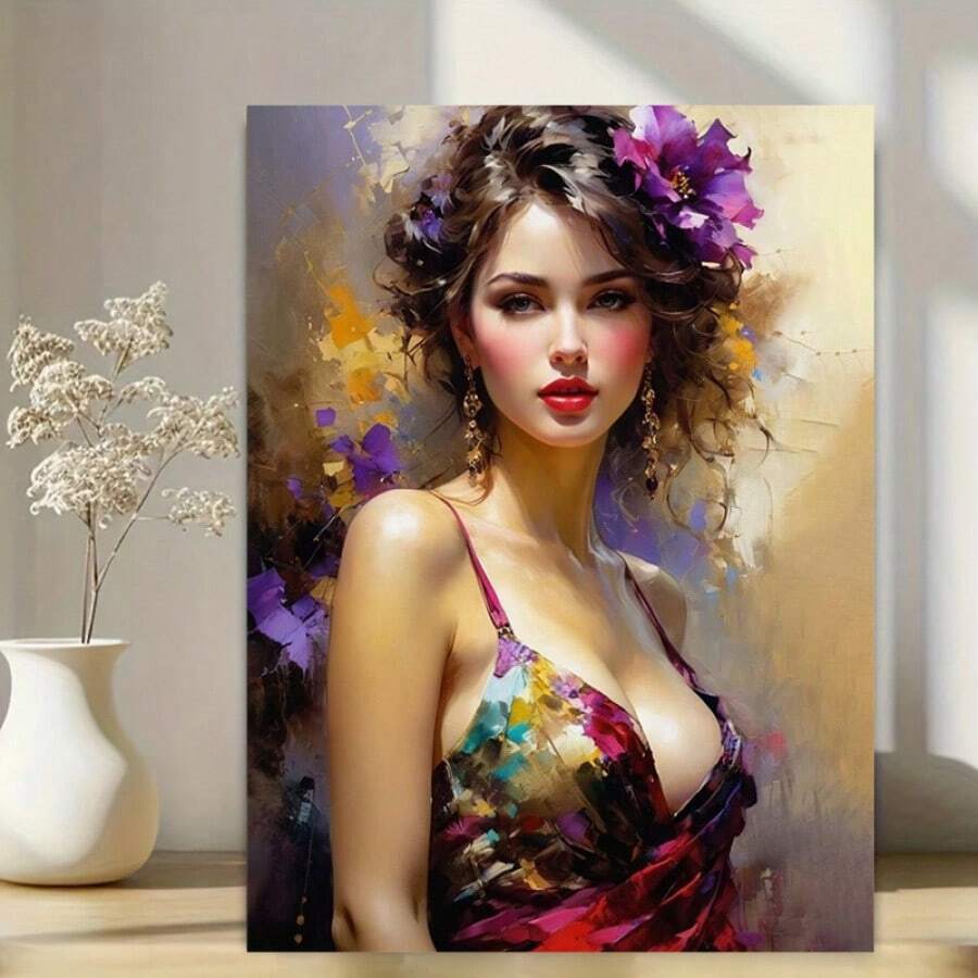 Vibrant Abstract Woman With Flower Headdress - Wooden Frame Canvas Painting 2.25cm Piece (3) Thickness 0.9inch / 30, Home Gift Decoration, Room Decoration Aesthetics, Wall Decoration Art, Perfect Gift, Autumn Winter Wall Decoration, Living Room Decoration, Bedroom Decoration, Kitchen Decoration, Entrance Decoration, Bathroom Decoration, Direct Wall Painting, High-Quality Wall Painting Poster
