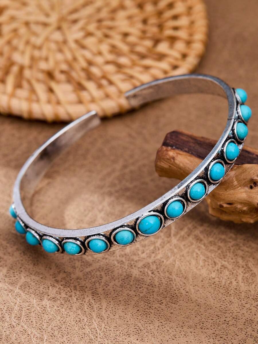 1pc Vintage Western Turquoise Alloy Cuff Bracelet, Adjustable Bangle Bohemian Jewelry For Women, Suitable For Daily, Party, Holiday Wear/Gift