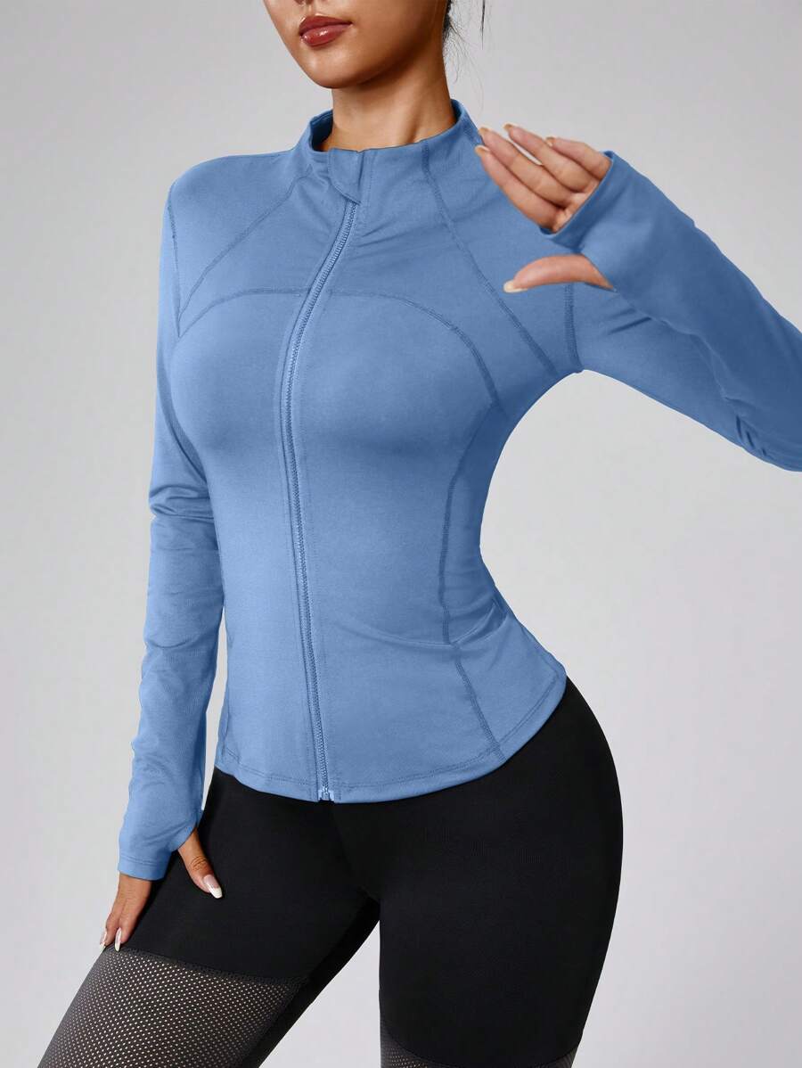 Damen Jacke mit durchgehendem Reißverschluss, Unifarben, Langarm, figurbetonter Sitz, mit Daumenöffnungen an den Manschetten, geeignet für Fitness, Yoga, Laufen