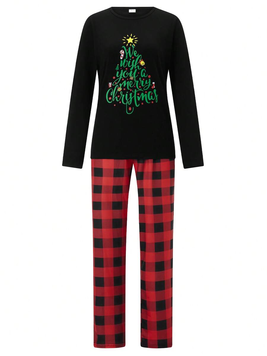 Conjunto de pijama a juego familiar de Navidad, camiseta de manga larga con estampado de árbol y pantalón a cuadros, ropa de dormir y de estar por casa