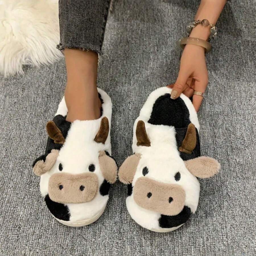 coimfine Autumn And Winter Cow Home Warm Slippers, Soft Soled Flat Bottom Closed Plush Shoes, Non Slip Bedroom Women's Slippers