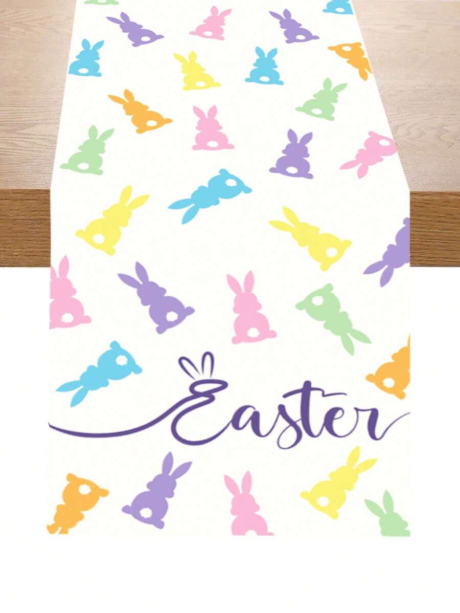 1pc Paashaas Ontwerp Tafelloper Tafelkleed, Vrolijke Paasdecoratie, Kleurrijke Konijnenpatroon Polyester Tafelloper, Woondecoratie, Tafelmiddenstukdecoratie, Festival Paasdag Feestbenodigdheden, Keuken Eetkamerdecoratie