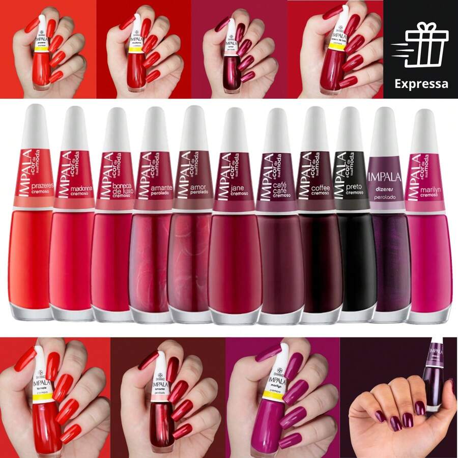 Kit Esmaltes Impala 11 Tons Vermelhos Escuros Esmalte Promoção Atacado Festa Junina