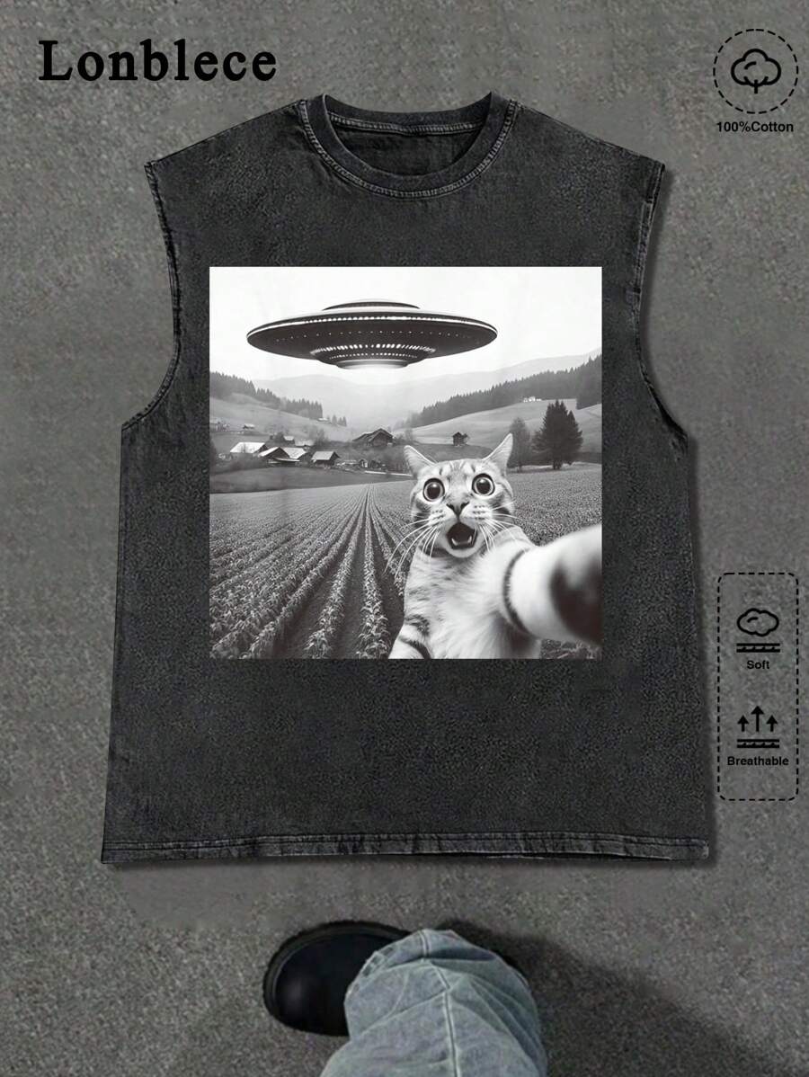 Lonblece Chaleco holgado de hombre con lavado vintage, diseño gráfico casual de gato, alienígena y OVNI, adecuado para primavera/verano