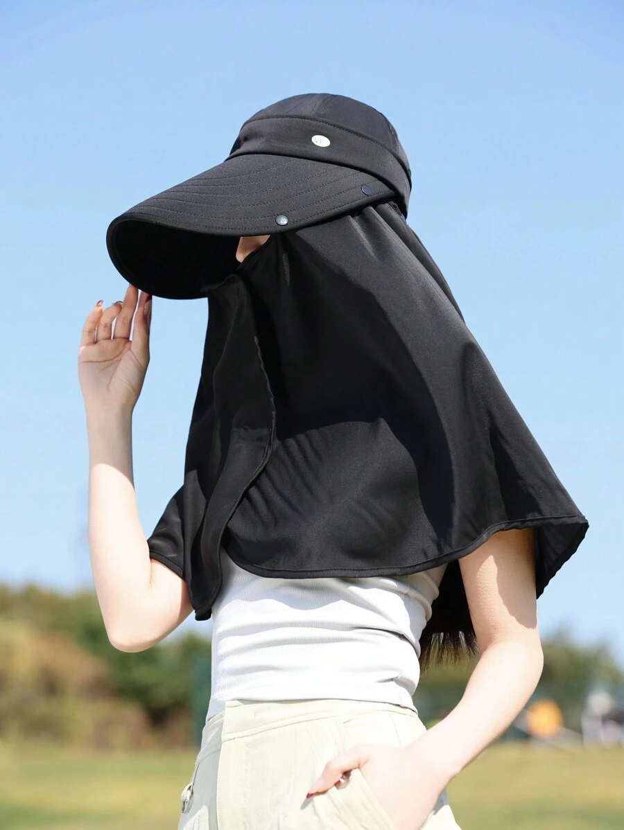 1pc Solid Color Large Brim Hat With Detachable Face Mask, Shoulder Cape For Sun Protection Polyester, Spring Season