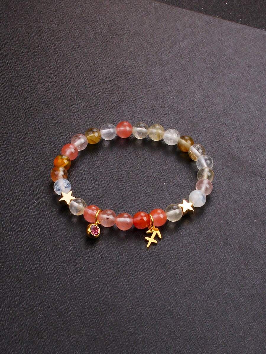 1Piece 12 Zodiac Signs Elegant Natural Gemstone Bracelet 6mm Opal Rose Quartz Watermelon Tourmaline Peach Blossom Stone Blue Apatite Red Aventurine Carnelian Rhodonite Bloodstone Rutilated Quartz Beads Girlfriend Bangles With Gold Color Stainless Steel 12 Zodiac Medallion And Vibrant Cubic Zirconia Jewelry Unique Birthday 12 Zodiac Gift For Women