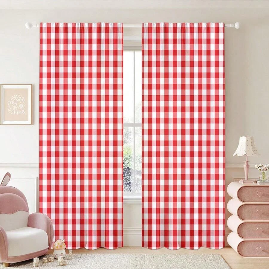 2pcs New Fashion Red Gingham Curtains - Window Treatment Set, Versatile Panel - Rod Pocket Design, Easy To Install - Perfect For Bedroom, Study, Cafe, And Living Room Decoration