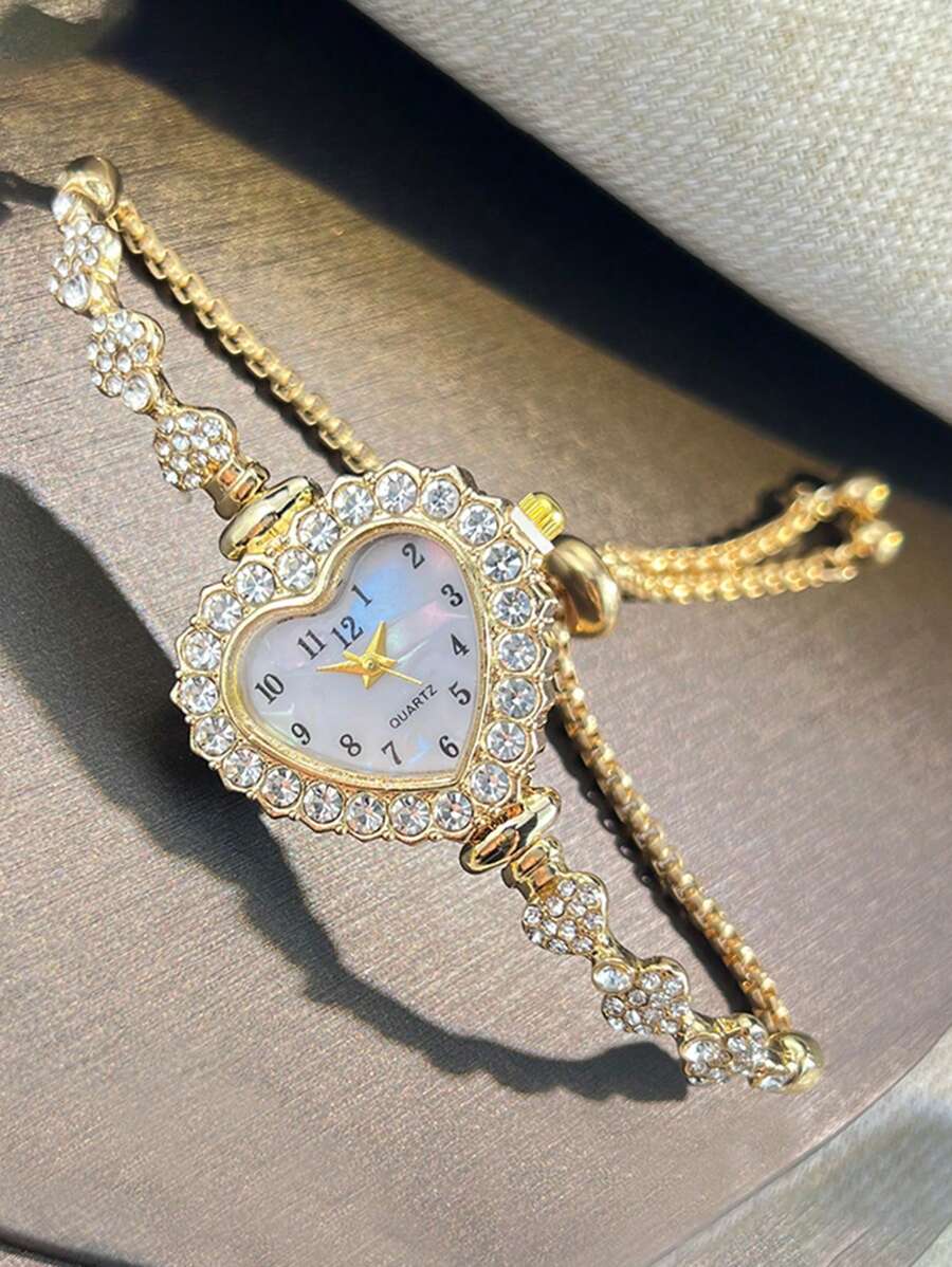 1 pièce Montre-bracelet pour femmes en alliage or rose, or et argent avec un boîtier en forme de cœur, un cadran avec chiffres arabes, un mouvement à quartz et un style à cordon ajustable pour un port quotidien