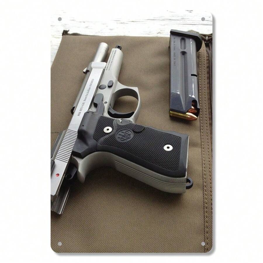 1pc Vintage Beretta 92FS Pistol Metal Sign,Funny Metal Poster ,2D Flat Printing Multipurpose Metal Decor With Pre-Drilled Holes For Easy Hanging, Room Decor,Home Decor,Kitchen Decor,Office Decor,Garden Decor,Outdoor Decor,Bedroom Decor, Living Room Decor, Cafe Decor, Restaurant Decor, Garage Decor, Bar Decor