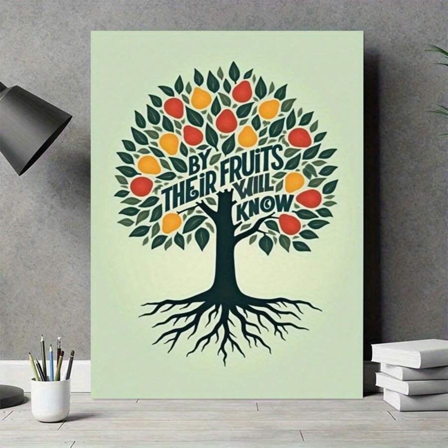 1pc Inspirational Fruit Tree Canvas Wall Art With Wooden Frame - 'By Their Fruits You Will Know Them' Quote, Vibrant & Durable Home Decor For Living Room, Bedroom, Office