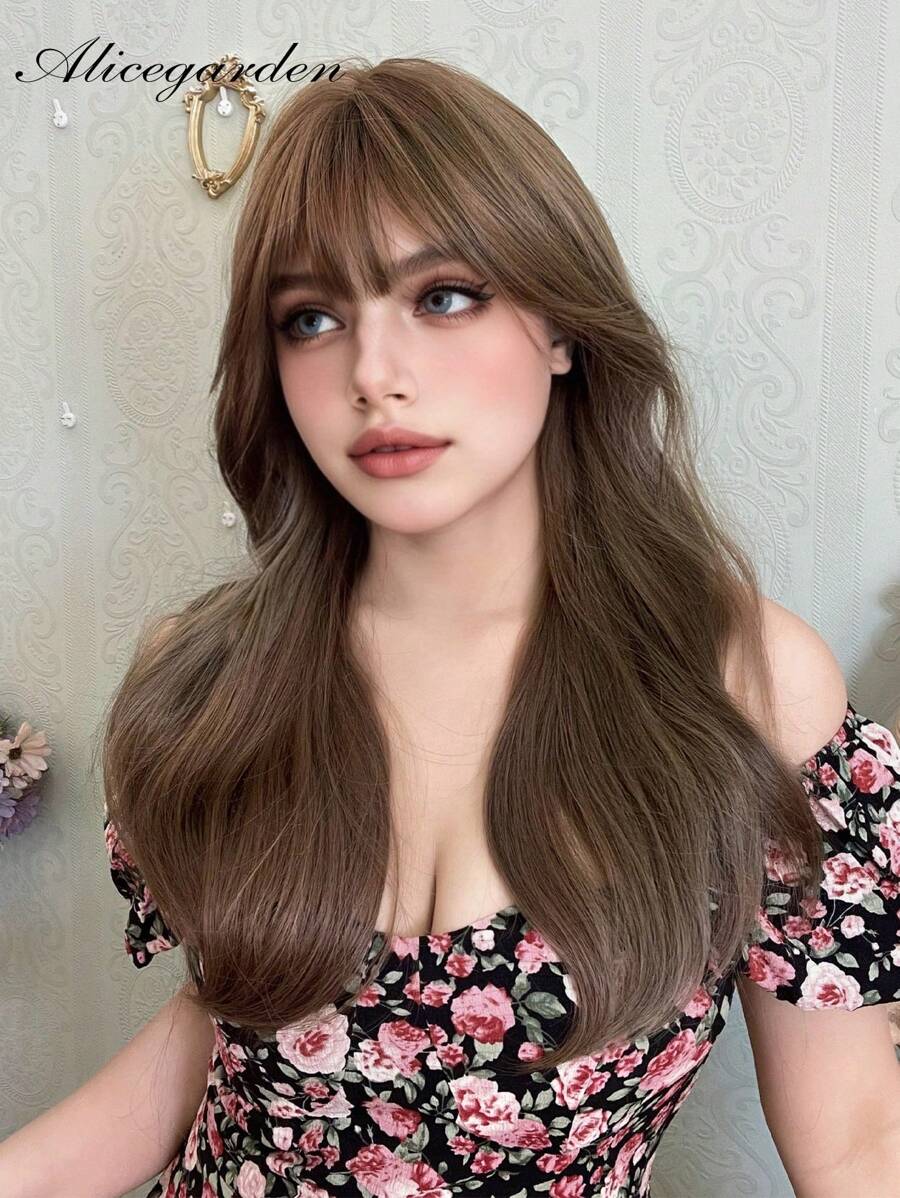 alicegarden 1 Piece Synthetic Heat Resistant Curls With Bangs, Brown Wig 24 Inch Braided Everyday Natural Realistic Wig.