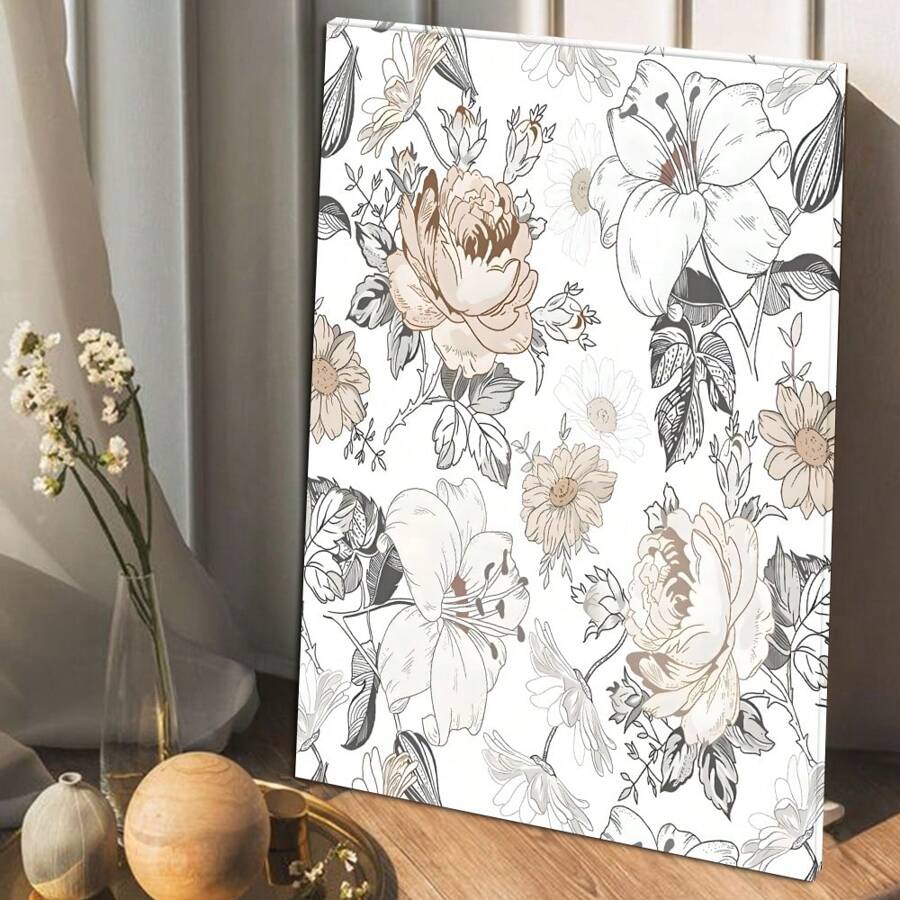 1 Pc Framed Floral Peel And Stick Boho, Vintage, Nature Wall Art Canvas Poster Painting Wall Decor For Bedroom Living Room