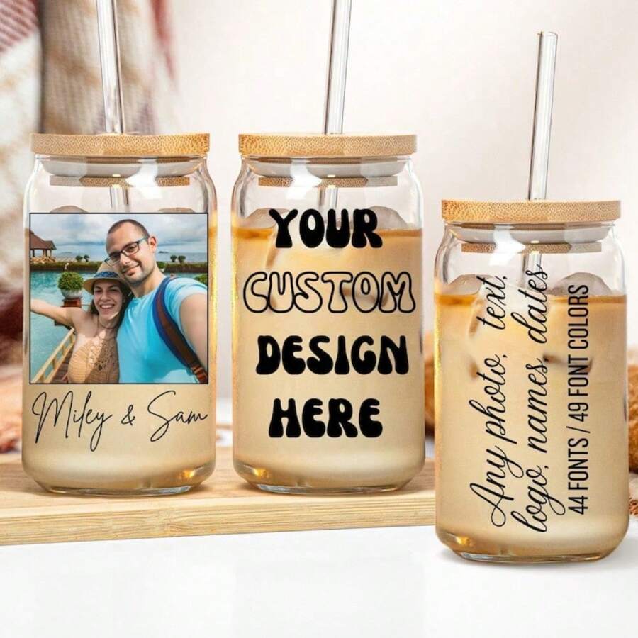 Custom Design Glass Tumbler 16oz Personalized Text Logo Photo Picture Iced Coffee Beer Soda Can Lid Straw Soft Drink Cup Gift Him Her Mom