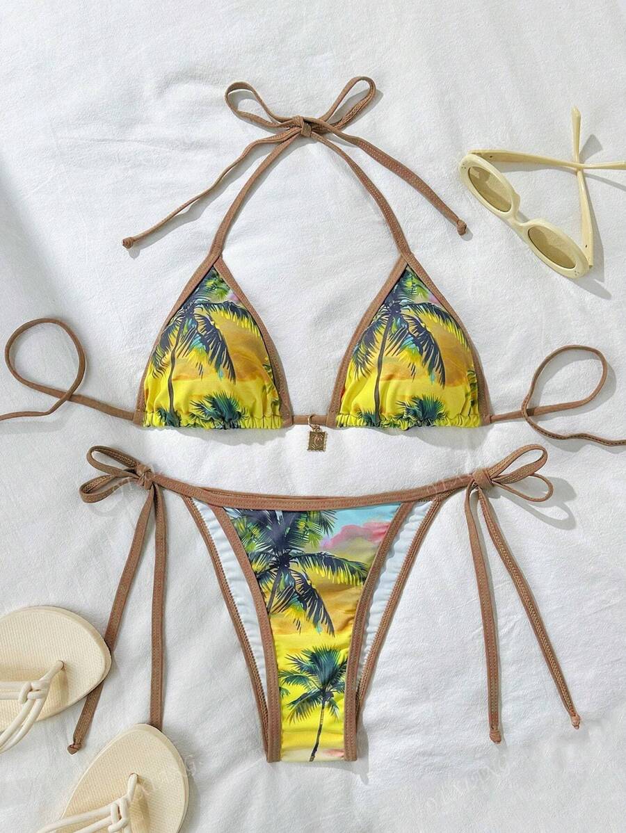 2pcs Women's Tropical Plant Print Bohemian Style Bikini Set, Sexy Swimwear