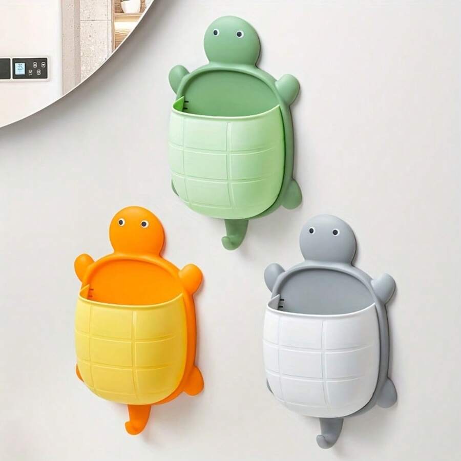 1pc Cute Yellow, Green And Grey Turtle Shaped Wall Mount Storage Box - Plastic, No Drilling Self-Adhesive Storage Box For Remote Controls And Accessories, Practical Hooks