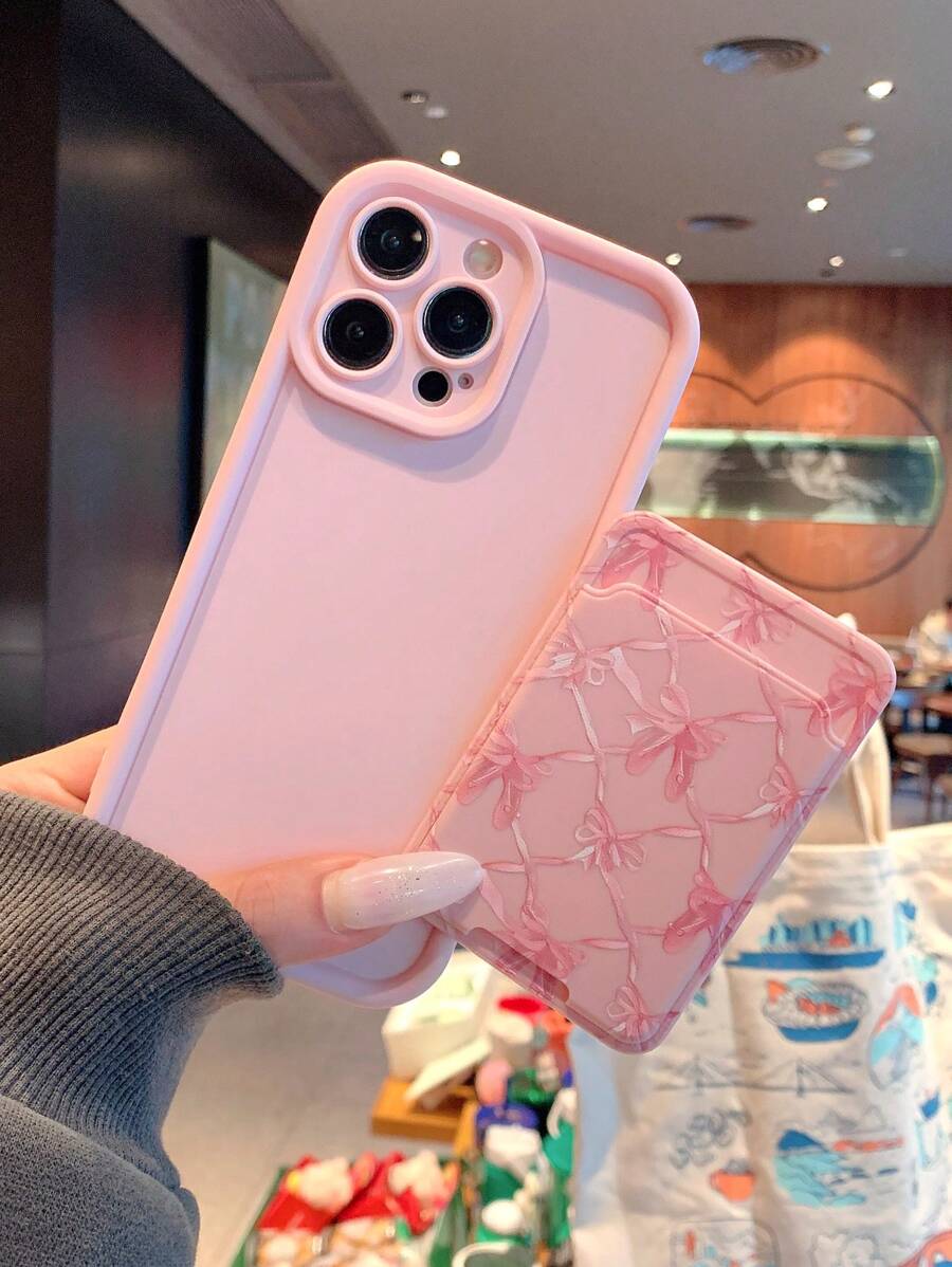 Bow-Knot Fashionable And Exquisite Line Heart-Shaped IPhone Case With Card Insertion, Pink Suitable For Girls, Providing Phone Protection And Unique Printing Style, Compatible With Iphone 11/12/13/13promax/14plus/14promax/15plus/16plus/16promax/15promax XR XSM