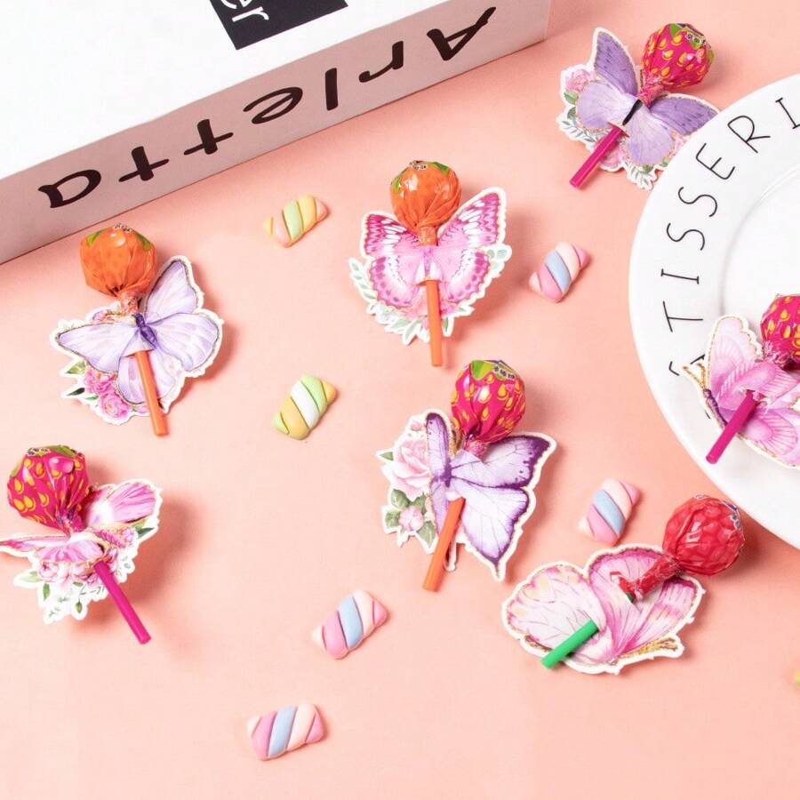 8 stuks vlinderlollykaarten, roze en paarse lollywenskaarten, verjaardagsfeest, bruiloft, vlinderthemafeestgeschenken, lollykaartdecoraties, geschikt voor bruiloften, verjaardagen, themafeesten (lolly's niet inbegrepen)
