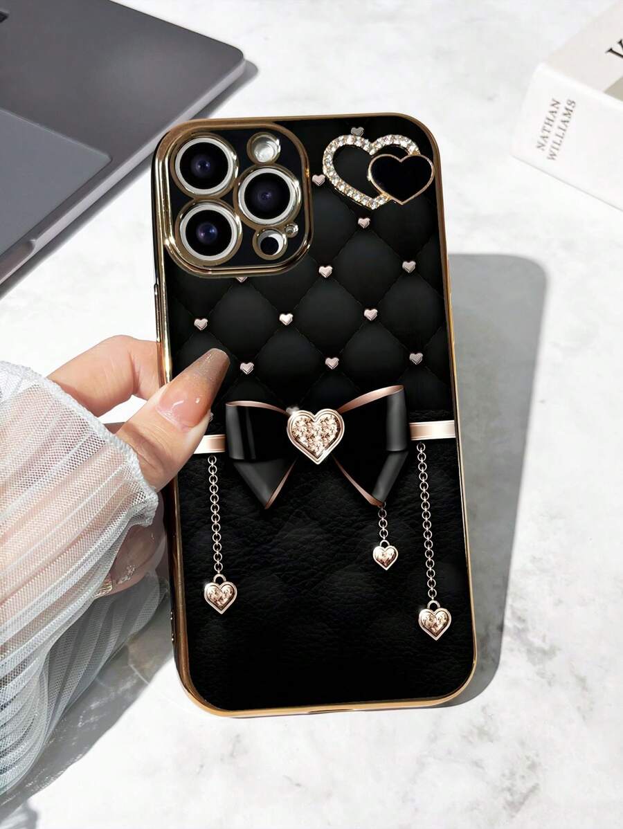 1pc Black TPU Electroplated Heart Shaped Anti-Drop Phone Case, And 1pc Black Electroplated Rhinestone Heart Suitable For Smartphone, Android Phones, OPPO