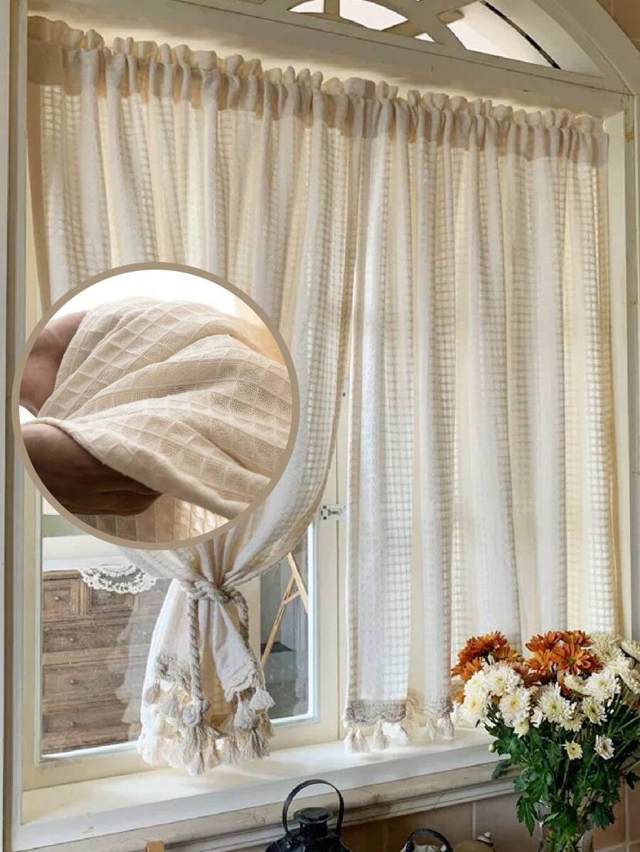 1pc Bohemian Checkered Linen Curtain, Sheer Floral Patterned Boho Style Curtain, Transparent Room Divider Curtain For Bedroom, Living Room, Home Decor, All Season