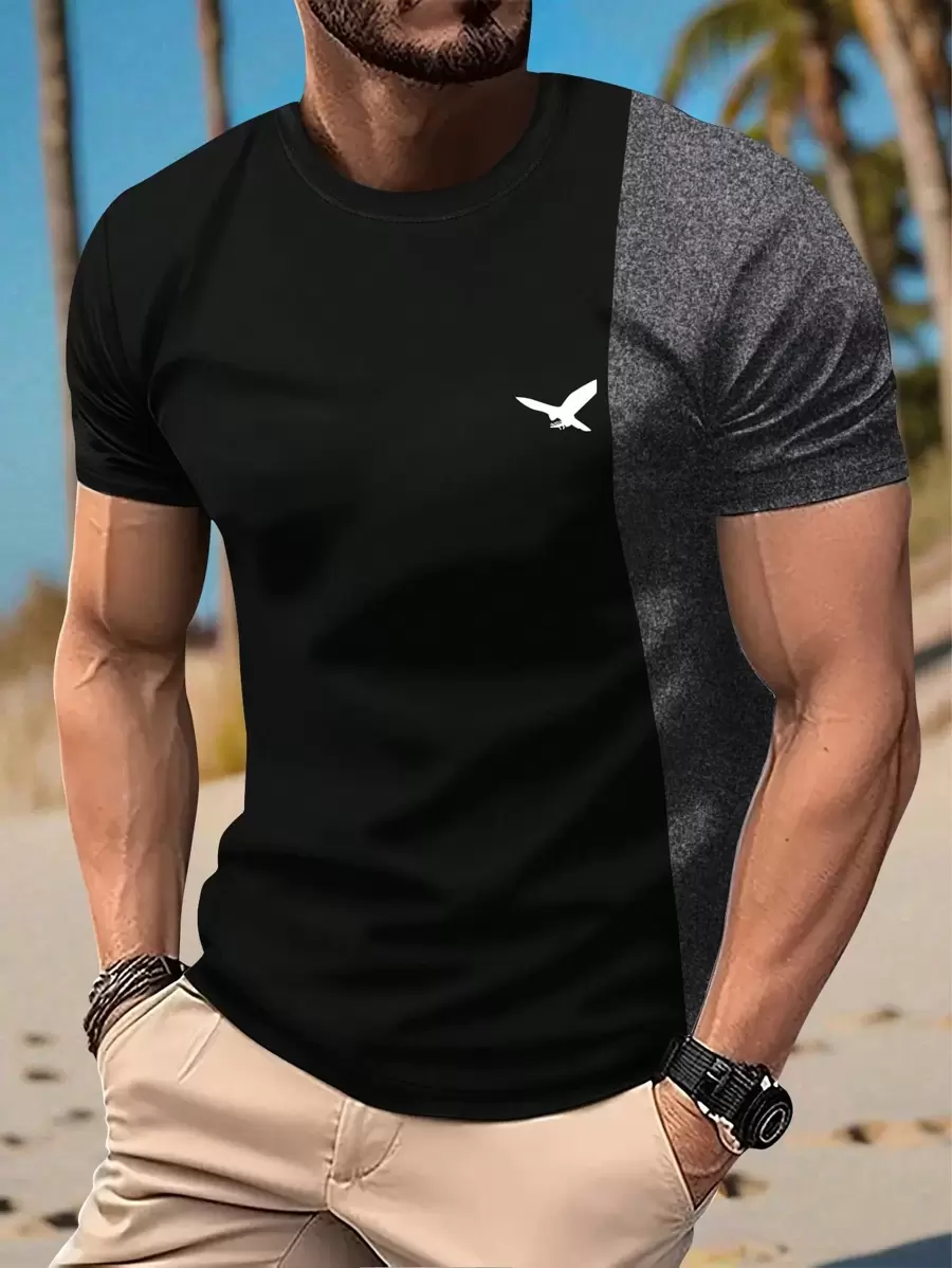 Men's Regular Fit Short Sleeve T-Shirt With Bird Print And Color Block Design, Casual Outdoor Summer Wear