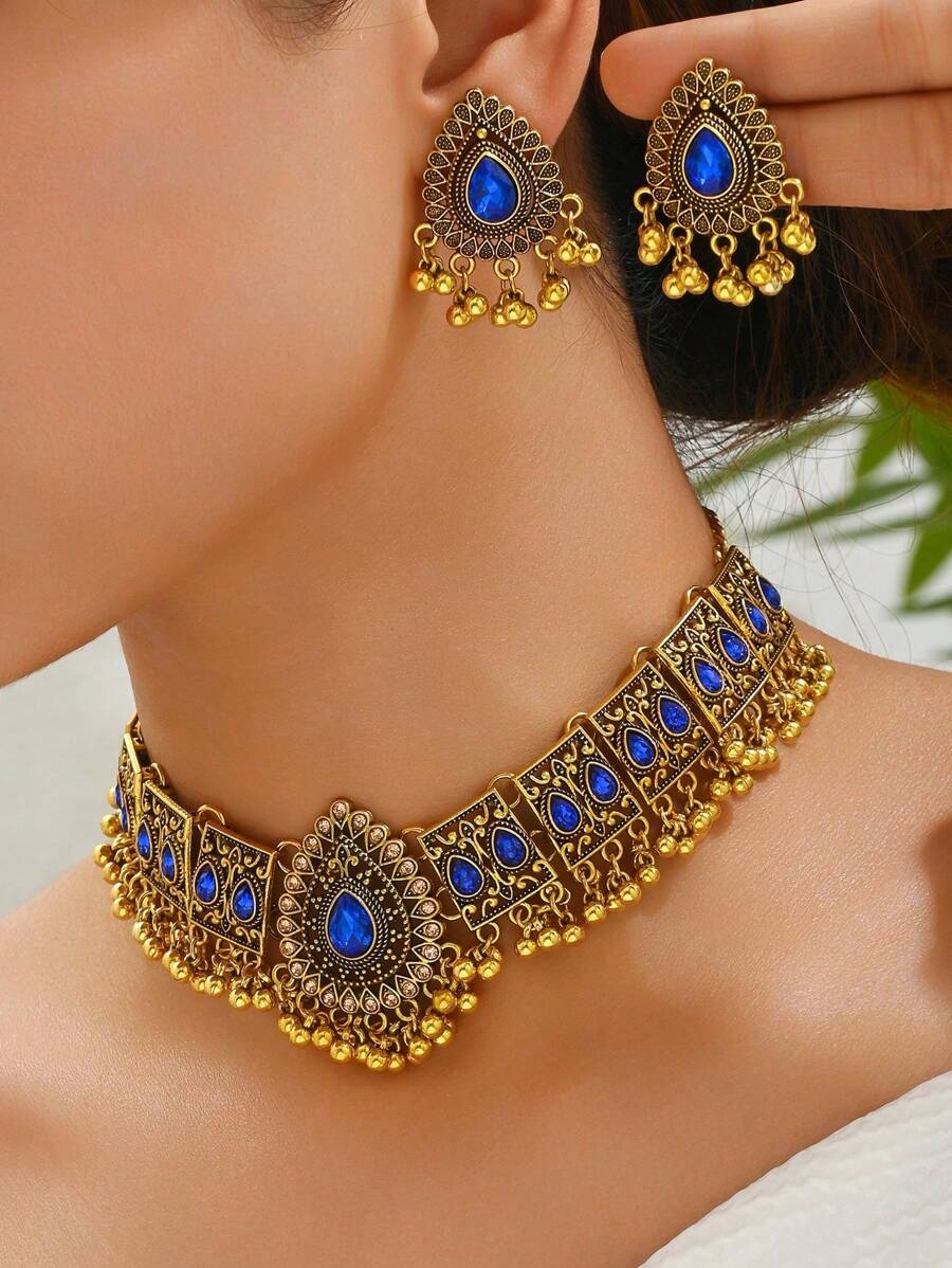 1pc Vintage Rhinestone Peacock Necklace And 1 Pair Earrings Women Jewelry Set