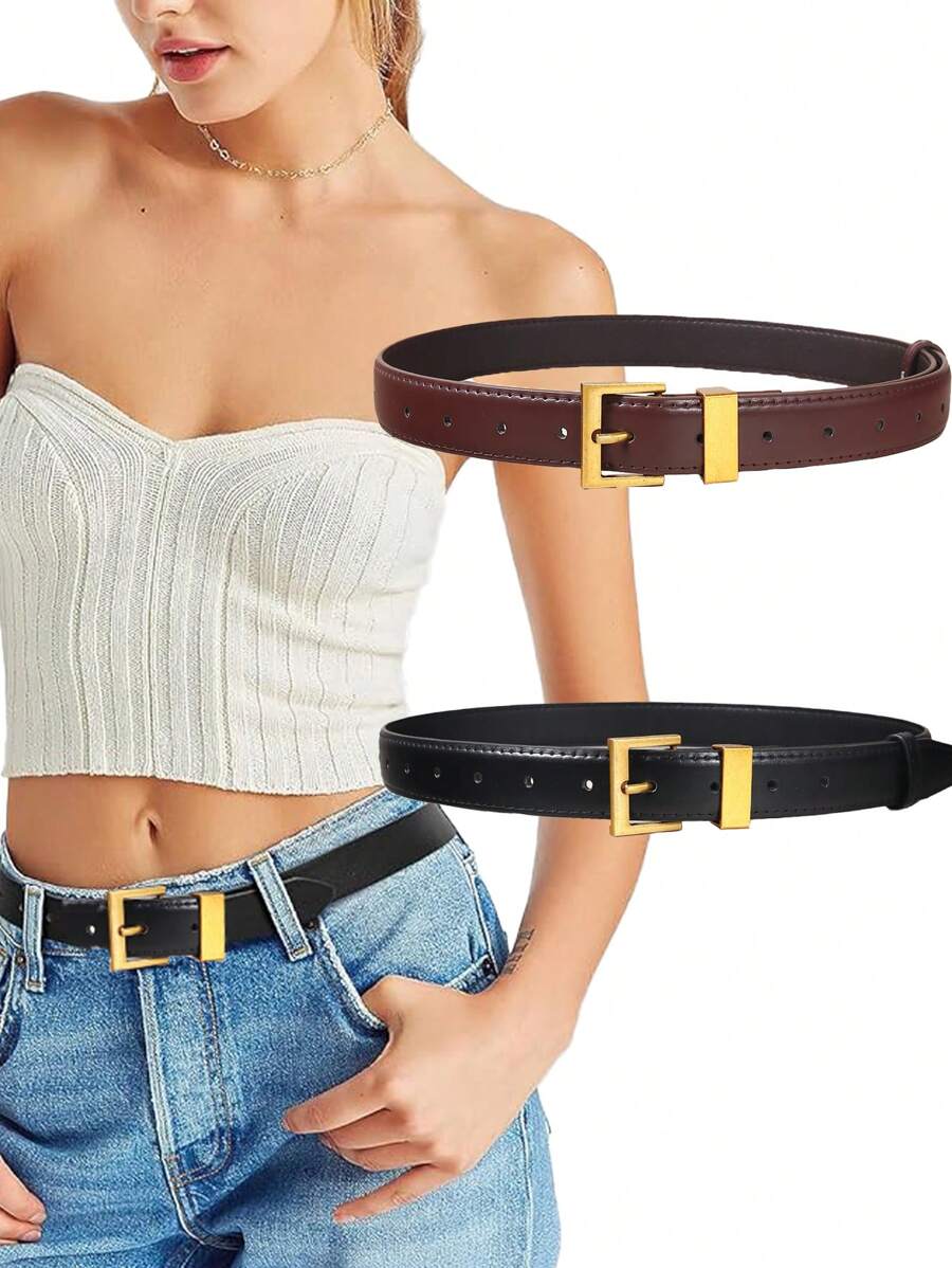 Women's Versatile PU Leather Belt, Matte Gold Color Buckle Waist Belt