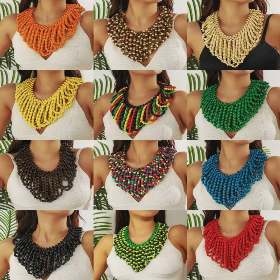 Handwoven Wood Bead V-Shaped Necklace, Exaggerated African Bridal Accessory, Party Decoration, Factory Outlet, Natural Wood Beads, Slight Defects, Occasional Color Difference, Not Seconds, Caution For Those Seeking Perfection