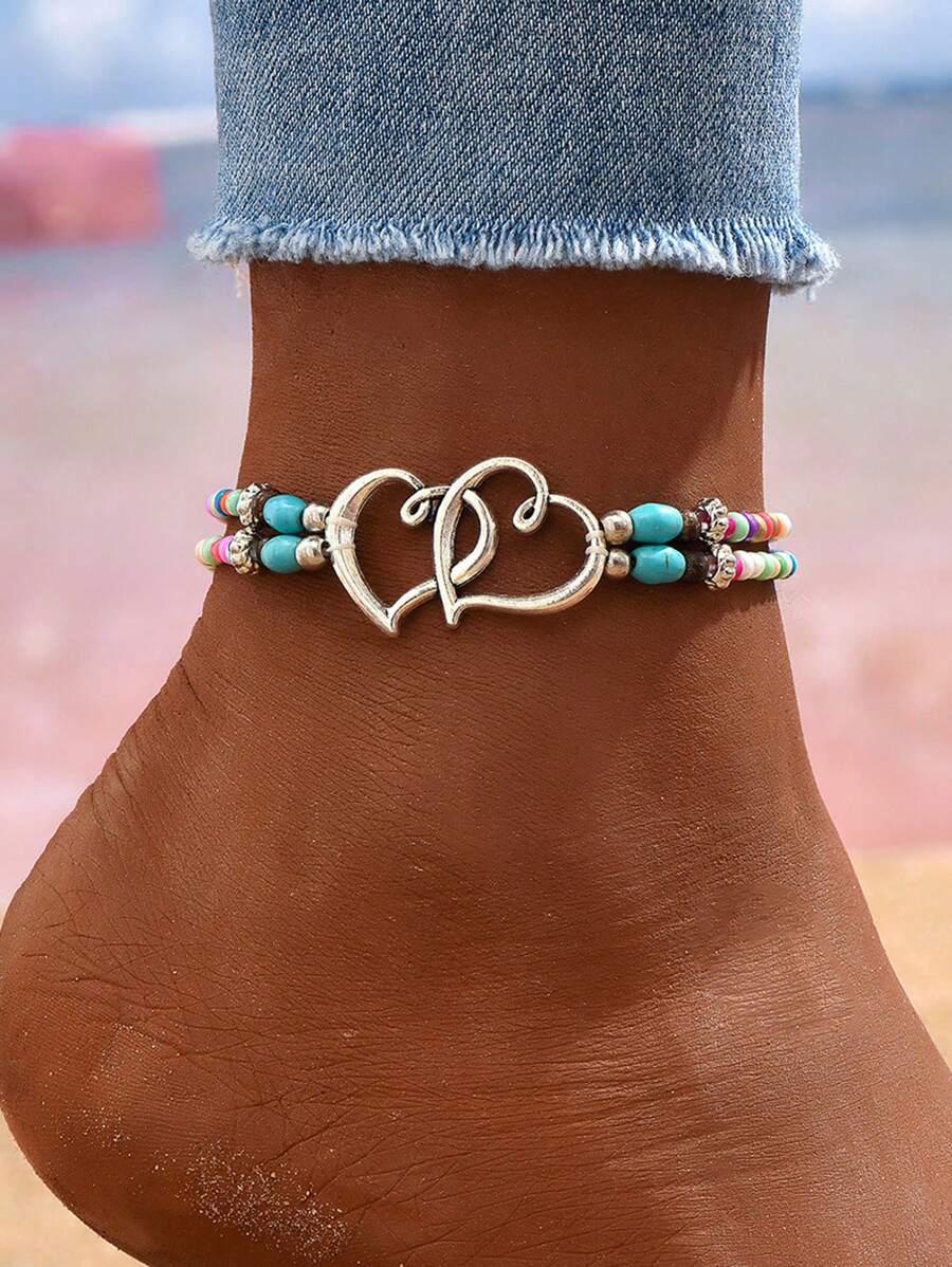 1pc Fashion Heart Beads Anklet, Layered Wear Boho Turquoise Seashell Anklet, Versatile For Any Occasion, Ideal Gift