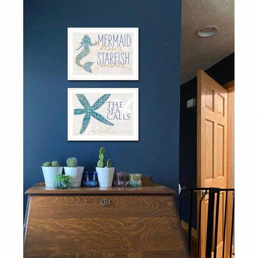 "Mermaid Kisses Starfish Wishes" 2-Piece Vignette By Kate Sherrill, Ready To Hang Framed Print, White Frame