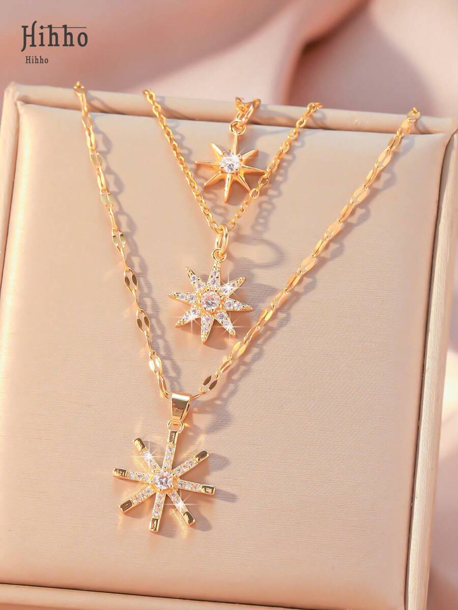 Hihho 3 pièces Collier de breloque cubique étoile filante plaqué or en acier inoxydable avec blanc, design art unique à la mode et décontracté, convient pour les femmes et les couples, style de rue, tenue quotidienne et cadeau de fête, décoration de vacances