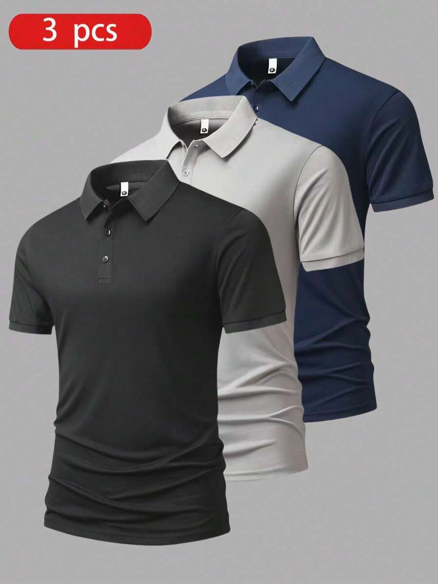 Boyfriend Style 3pcs/Set Men's Summer Lightweight Breathable Running Fitness Casual Short Sleeve Polo Shirts