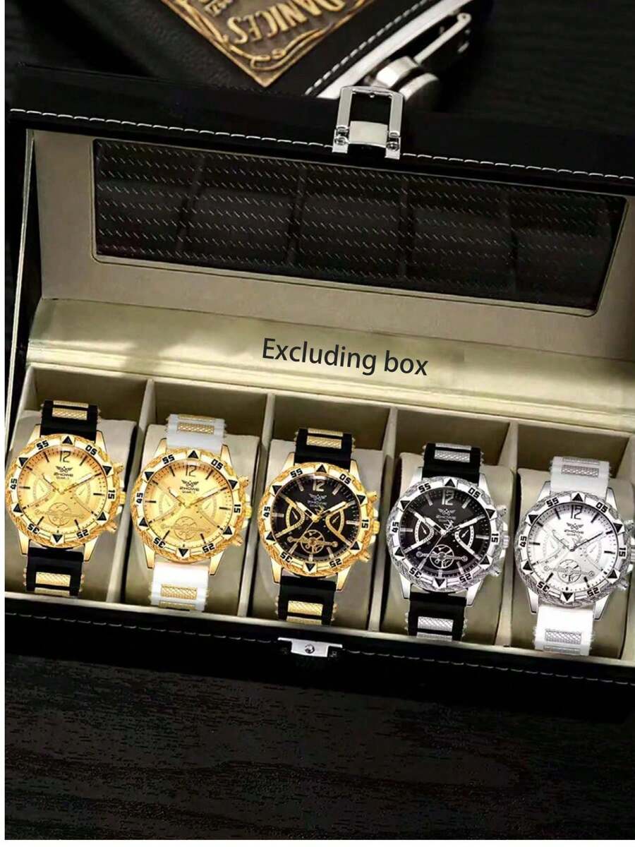 5 pièces/Set Montre à quartz décontractée de style de rue en silicone pour hommes