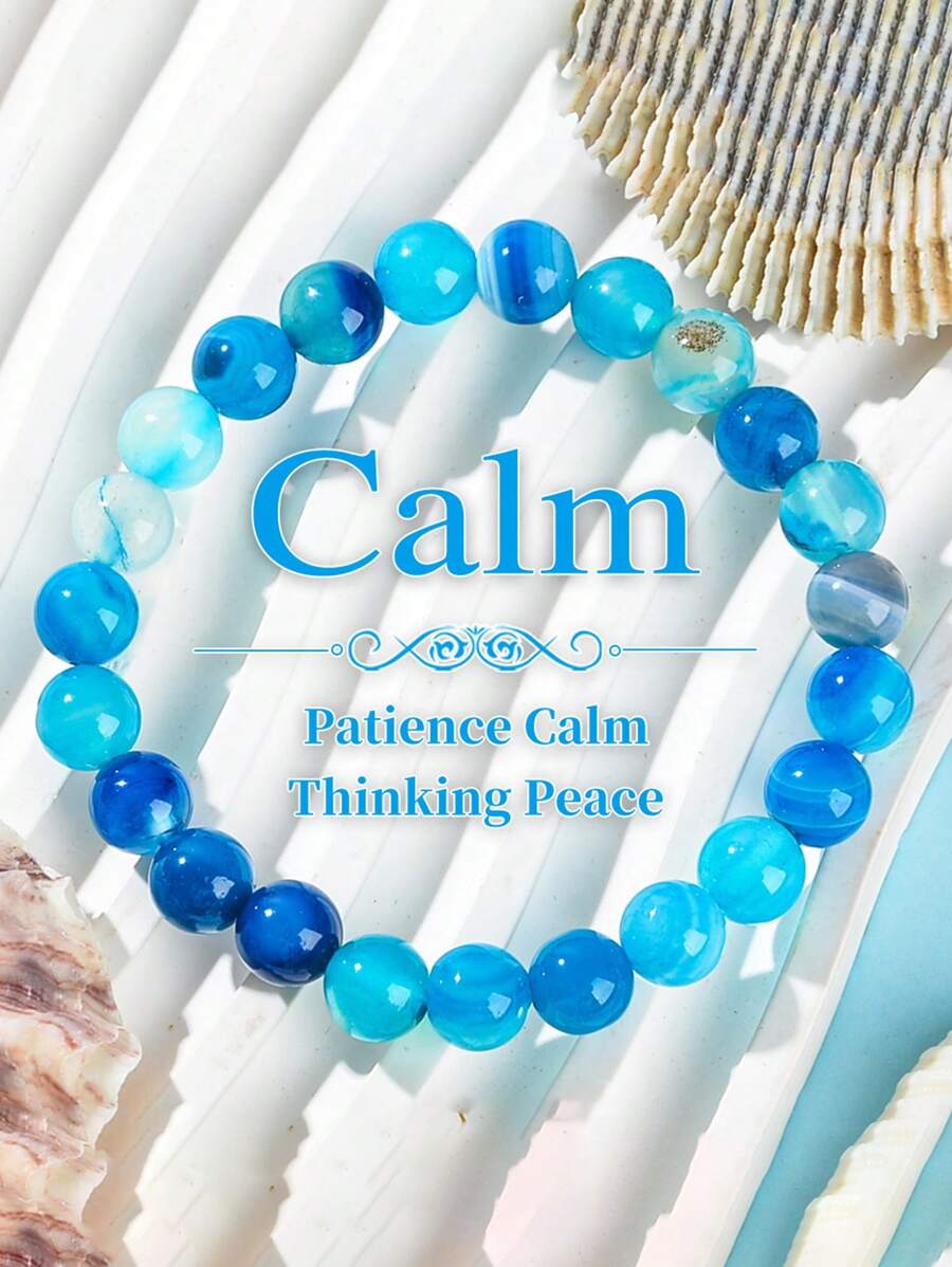 1 pièce Bracelet avec perles d'agate rayées bleues. Accessoire de mode, de yoga et de méditation pour femmes et hommes. Parfait pour le port quotidien, les fêtes de plage et les festivals
