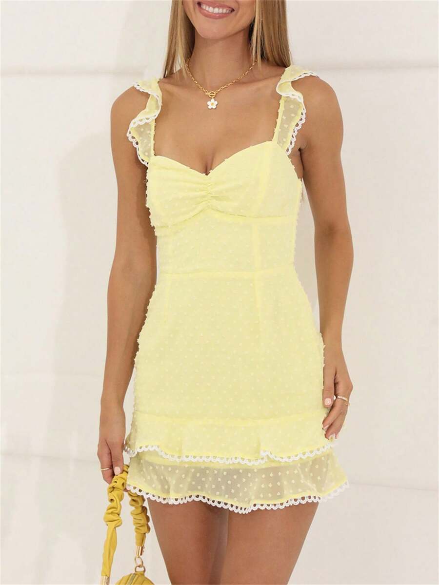 Women's Sleeveless Bodycon Mini Dress Sweetheart Neck Fly Sleeve Tiered Ruffle Hem Party Club Dresses