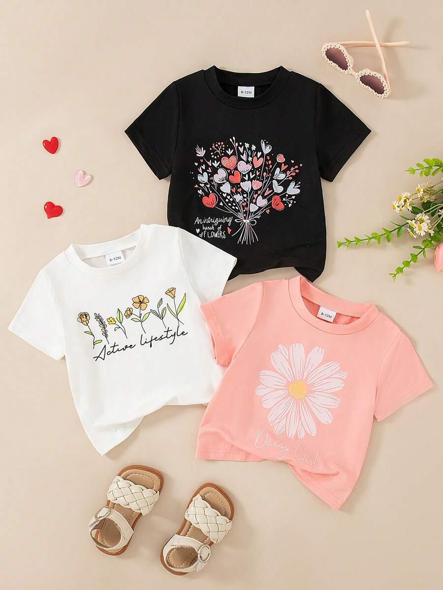 Tenue d'été pour bébé fille, mignonne et décontractée, avec Top à manches courtes imprimé fleurs et cœurs