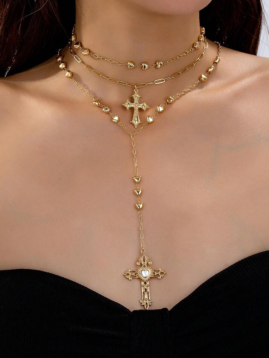 1 pieza Collar con cadena en forma de corazón dorado y cruz, collar capa con cruz, set de collares superpuestos